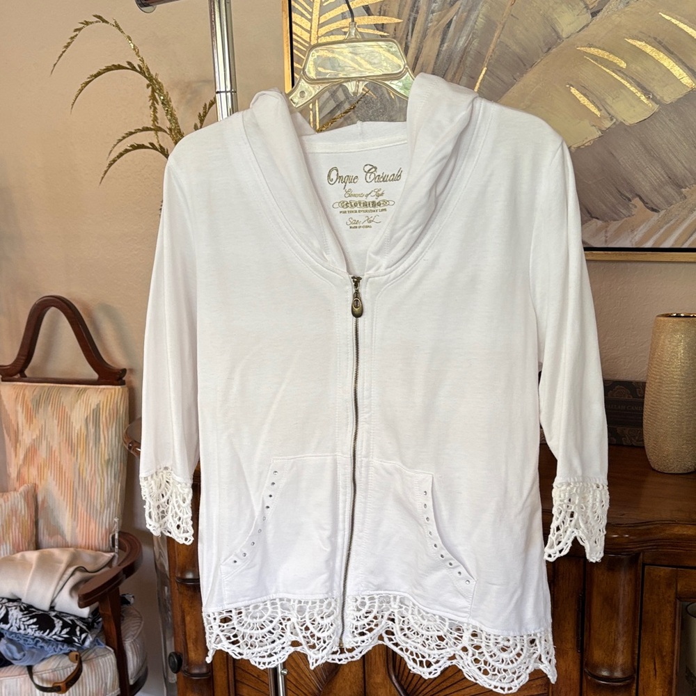 Onque Casuals White Zip-Up Coverup with Crochet Hem